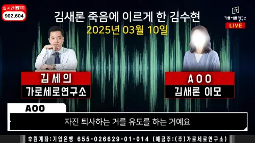 ▲一名自稱金賽綸姨母的人(右)上90萬頻道爆料金秀賢誘導金賽綸「自願辭職」。(圖/가로세로연구소 YouTube) ▲一名自稱金賽綸姨母的人(右)上90萬頻道爆料金秀賢誘導金賽綸「自願辭職」。(圖/가로세로연구소 YouTube)