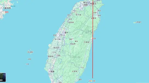 實際打開GoogleMaps驗證,從台北市最東端的南港區畫設一條直線,並延續往南方,就能發現台東最東邊長濱鄉的位置,真比台北市還要西邊許多。(圖/花東縱谷國家風景區管理處) ▲實際打開GoogleMaps驗證,從台北市最東端的南港區畫設一條直線,並延續往南方,就能發現台東最東邊長濱鄉的位置,真比台北市還要西邊許多。(圖/花東縱谷國家風景區管理處)