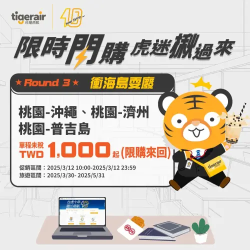 台灣虎航今日快閃推出一日衝海島優惠,包含沖繩、濟州、普吉島,單程未稅只要1000元。 ▲台灣虎航今日快閃推出一日衝海島優惠,包含沖繩、濟州、普吉島,單程未稅只要1000元。(圖/翻攝虎航官網)