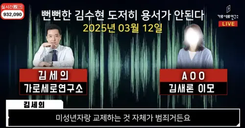 ▲金賽綸的阿姨控訴金秀賢不僅在女方未成年時就瘋狂展開追求，還幻想要結婚。（圖／가로세로연구소 YouTube）