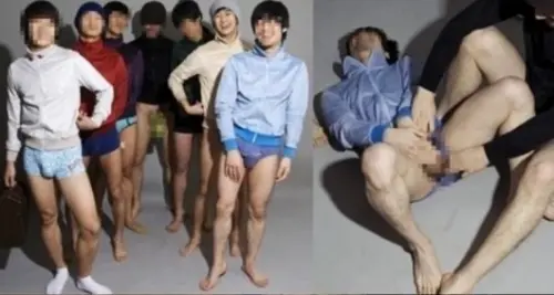 ▲金秀賢（灰色毛帽者）再被爆「紅內褲黑歷史」，只見一行人玩得太開心，還有人不小心走光。（圖／翻攝至韓網）