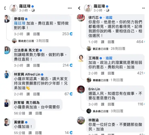 炎上兩天自家人不挺?羅廷瑋耍官威怒火燎原 藍委大動員「保羅」 ▲羅廷瑋臉書發文不久,多位藍委留言力挺。(圖/翻攝羅廷瑋臉書,2025.03.13)