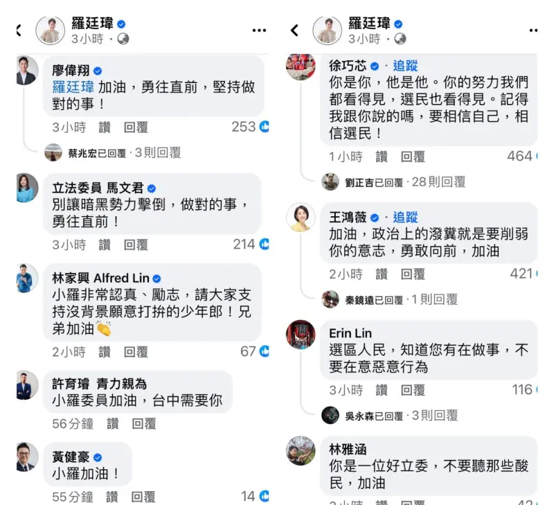 ▲羅廷瑋臉書發文不久，多位藍委留言力挺。（圖／翻攝羅廷瑋臉書，2025.03.13）