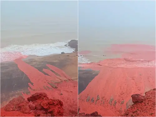 ▲蓋拉克紅土與雨水混合後，順著陸地流入海水中，讓海水和海灘都被染成紅色。（圖／翻攝IG@hormoz_omid）