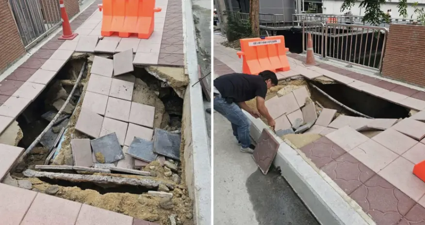 ▲泰國曼谷人行道冒出天坑，一對情侶走過時跌入。（圖／翻攝自監視器影片）