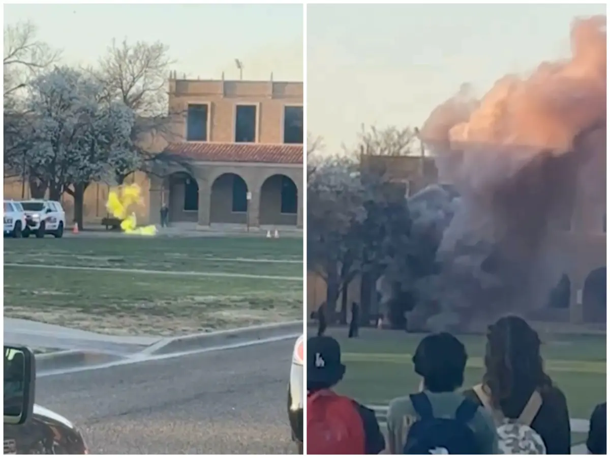 ▲美國德州理工大學當地時間12日驚傳校園內發生爆炸，引發火災和停電，學校緊急發出疏散令，並取消本週剩餘時間的課程。（圖／翻攝自美聯社@rishi_cash via Spectee影片截圖）