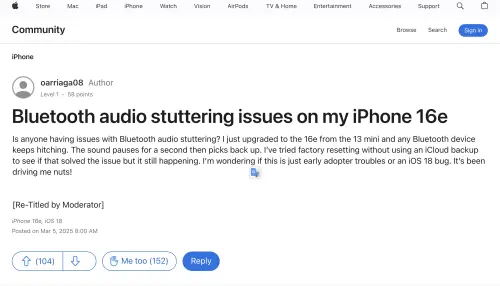 蘋果官方支援社群出現大量用戶反映 iPhone 16e 的藍牙音訊有問題。有使用者從 iPhone 13 mini 換機至 iPhone 16e,結果每次透過藍牙連接設備時,聲音都會停頓,隨後才恢復正常,讓用戶氣到抓狂。(圖/翻攝官網) ▲蘋果官方支援社群出現大量用戶反映 iPhone 16e 的藍牙音訊有問題。有使用者從 iPhone 13 mini 換機至 iPhone 16e,結果每次透過藍牙連接設備時,聲音都會停頓,隨後才恢復正常,讓用戶氣到抓狂。(圖/翻攝官網)