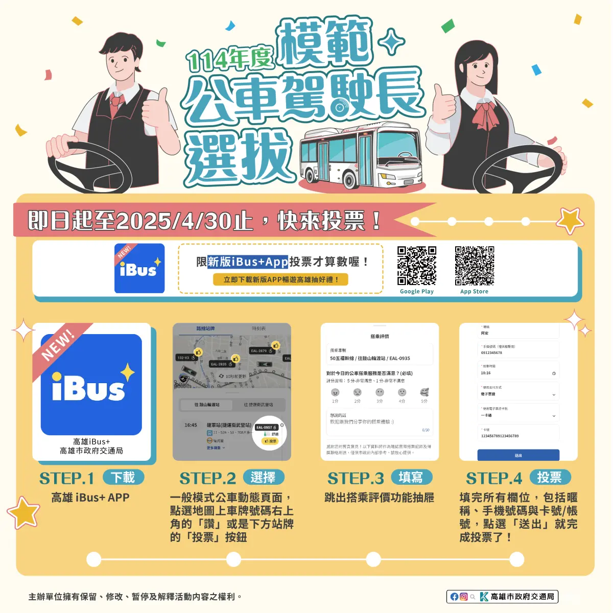▲高市府交通局即日起至114年4月30日止舉辦「114年模範公車駕駛長選拔活動」。（圖／高市府交通局提供）