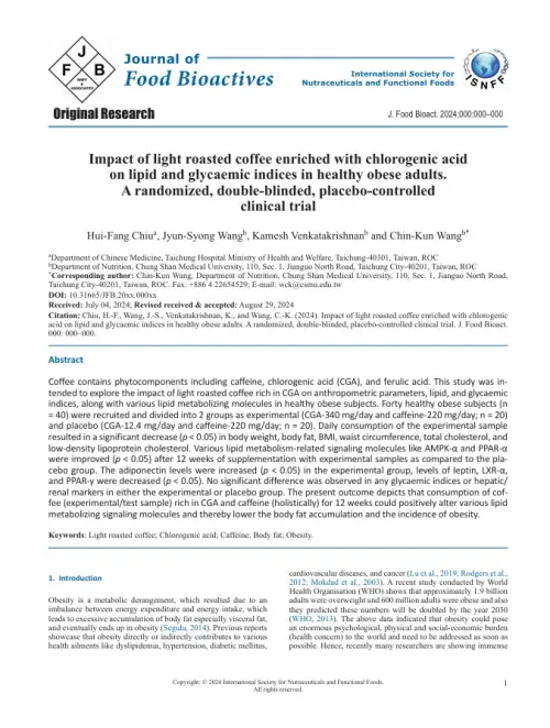 期刊《Impact of light roasted coffee enriched with chlorogenic acid on lipid and glycaemic indices in healthy obese adults. A randomized, double-blinded, placebo-controlled clinical trial 》(圖/中山醫學大學本試驗研究團隊提供) ▲期刊《Impact of light roasted coffee enriched with chlorogenic acid on lipid and glycaemic indices in healthy obese adults. A randomized, double-blinded, placebo-controlled clinical trial 》(圖/中山醫學大學本試驗研究團隊提供)