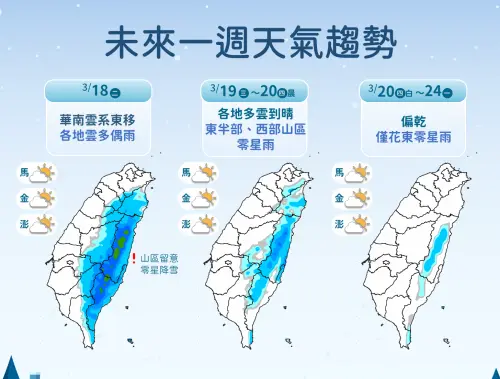 週二華南雲雨區東移,東半部、西半部山區雨勢較明顯,週三過後水氣逐漸減少,各地陽光露臉。(圖/中央氣象署) ▲週二華南雲雨區東移,東半部、西半部山區雨勢較明顯,週三過後水氣逐漸減少,各地陽光露臉。(圖/中央氣象署)