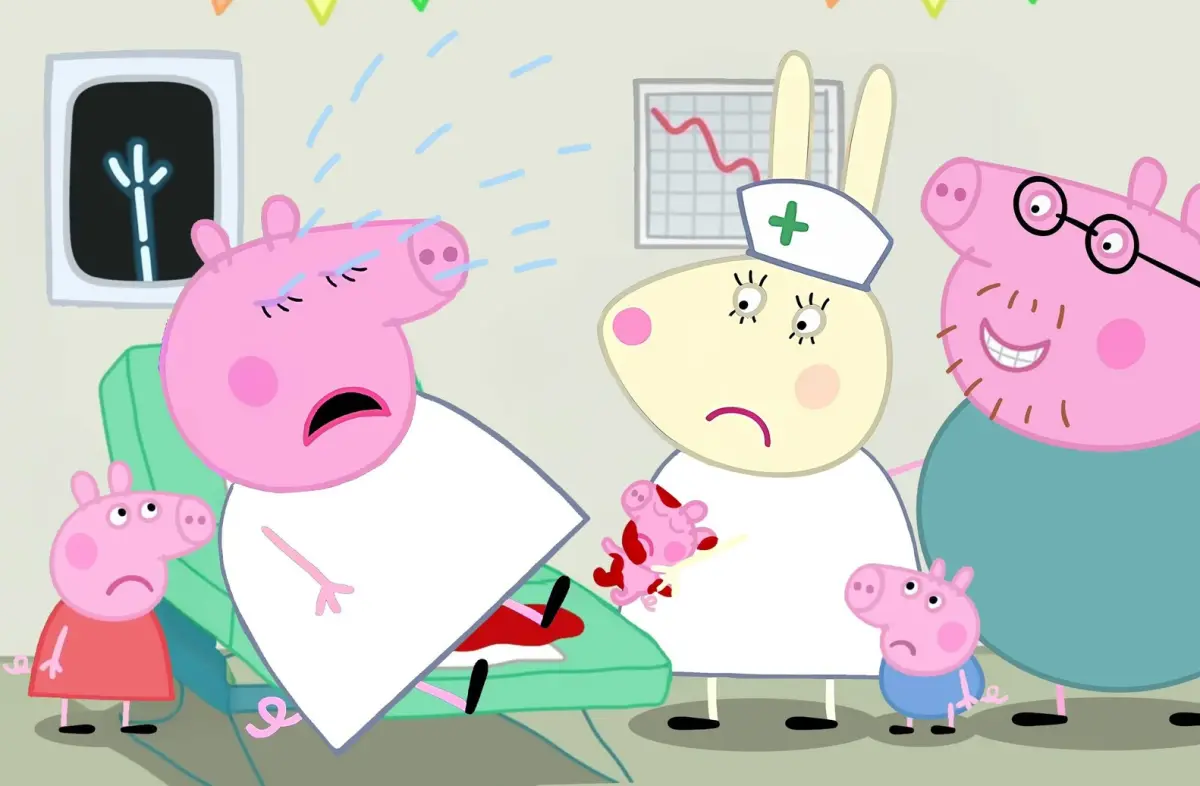 ▲《粉紅豬小妹》豬媽媽日前才宣布懷孕，豈料今（17）日卻爆出流產消息，死胎渾身是血的照片在網上瘋傳，而真凶疑似是豬爸爸，不僅下墮胎藥，還露出詭異笑容，最終遭警方帶走。（圖／Threads）