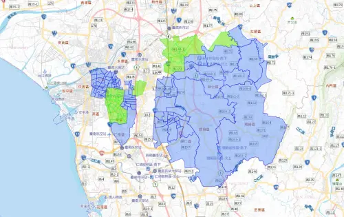 ▲3月25日台南大停水範圍，藍色區域為停水，綠色為降壓，一共影響24萬戶。（圖／自來水公司）