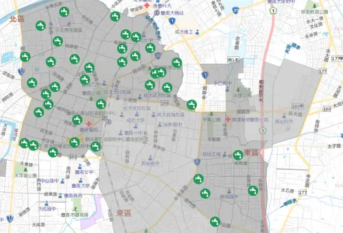 ▲3月25日台南市停水30小時，各區38處加水站位置。（圖／自來水公司。）