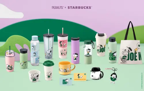 ▲PEANUTS + STARBUCKS「Joe Kind Snoopy」29款周邊商品。（圖／星巴克提供）