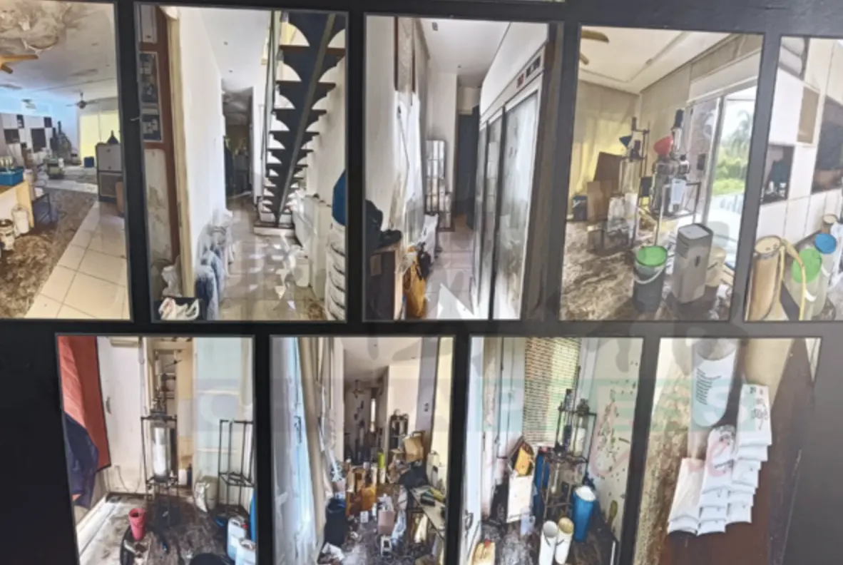 ▲大馬警方在豪宅中查獲大量煉毒工具和可供105萬人吸食的毒品，犯罪同夥還有2名台灣人。（圖／翻攝自中國報）