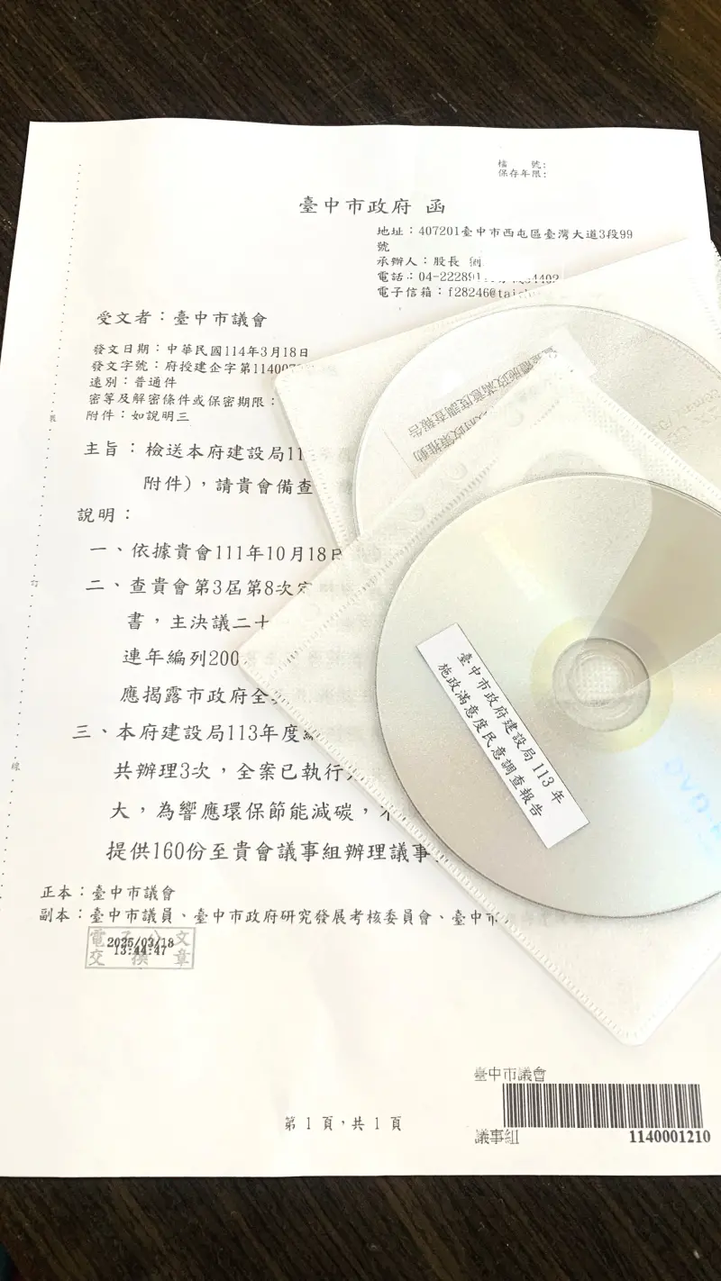 ▲市府公文指響應環保節能減碳不採紙本印製，另提供160份光碟片，遭質疑是反環保。（圖／記者顏幸如攝，2025.03.19）