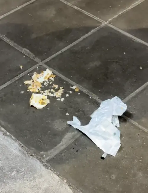 ▲被獼猴叼走的早餐包裝殘骸。（圖／翻攝threads@kying0409 授權）