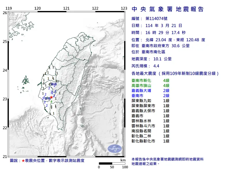 ▲南臺灣有感地震，震央在即在臺南市政府東方 30.6 公里 ，位於臺南市南化區。（圖／中央氣象署提供）