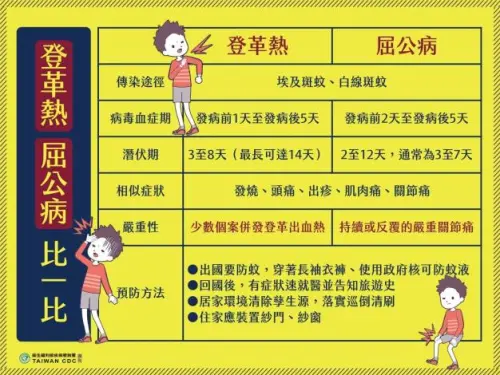 ▲屈公病症狀相較登革熱，會出現持續或反復的關節疼痛。（圖／疾管署提供，2025.03.21）