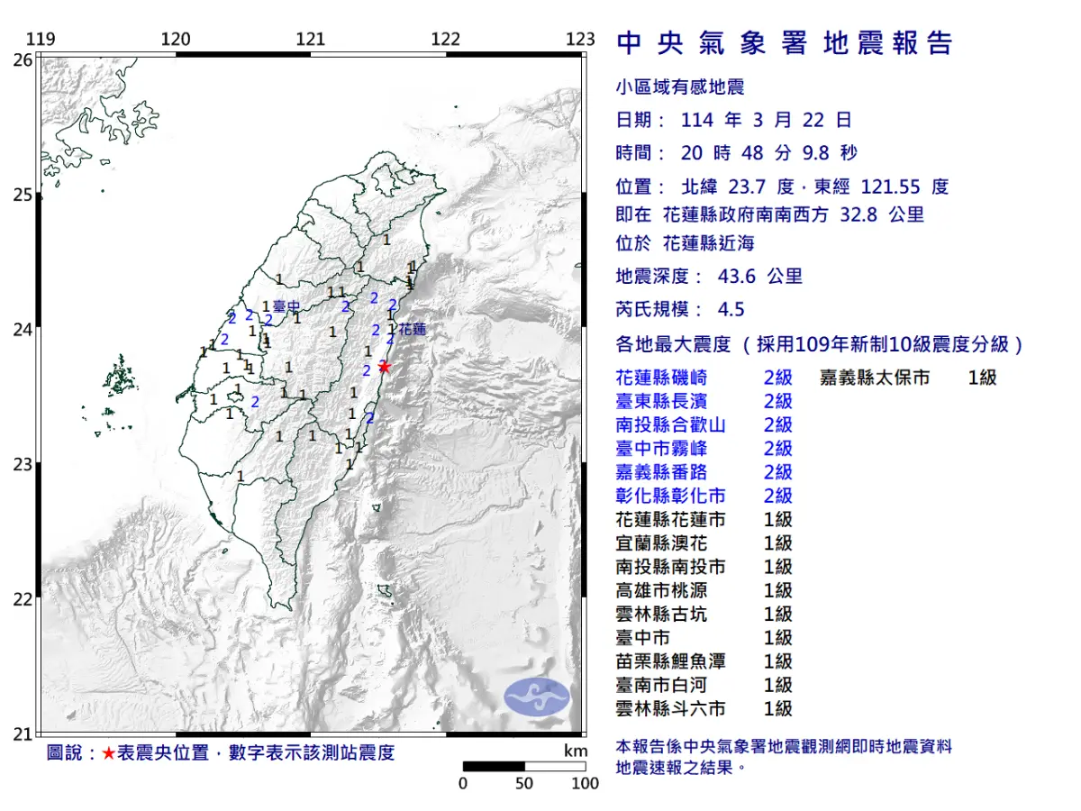 ▲本次花蓮「規模4.5地震」台灣共有11縣市有感。（圖／中央氣象署）