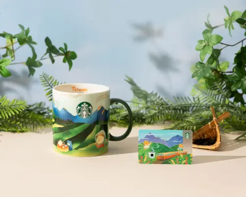 ▲描繪出名間鄉茶園風光的，Bearista「名間茶香馬克杯」、及「南投名間隨行卡」。（圖／星巴克提供）