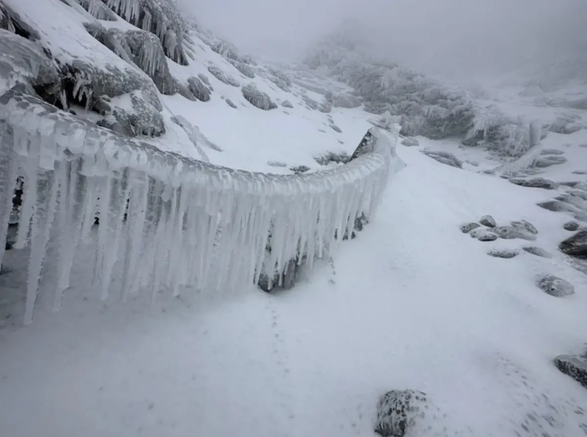 ▲玉山主峰線積雪超過15公分，鐵鍊也凍出成排冰柱。（圖／玉管處提供）