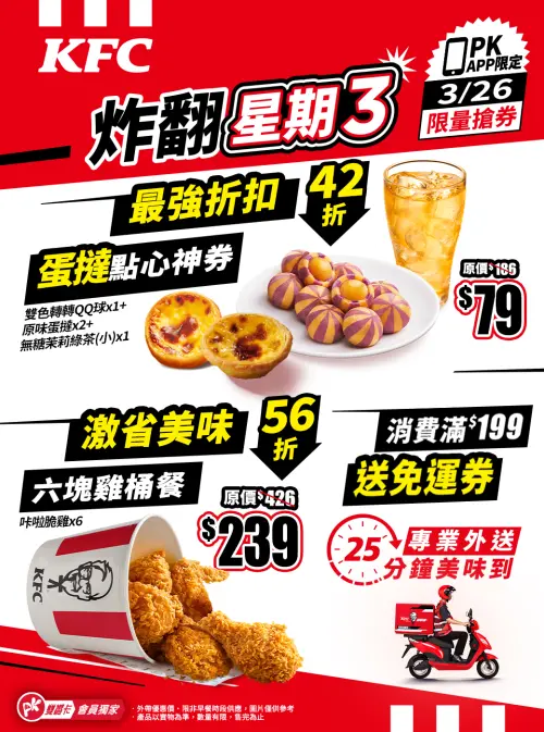 肯德基「蛋撻比買一送一便宜」神券被挖出!6塊炸雞239元一次整理 ▲肯德基「蛋撻比買一送一便宜」、「6塊炸雞239元」神券開搶。(圖/肯德基提供)