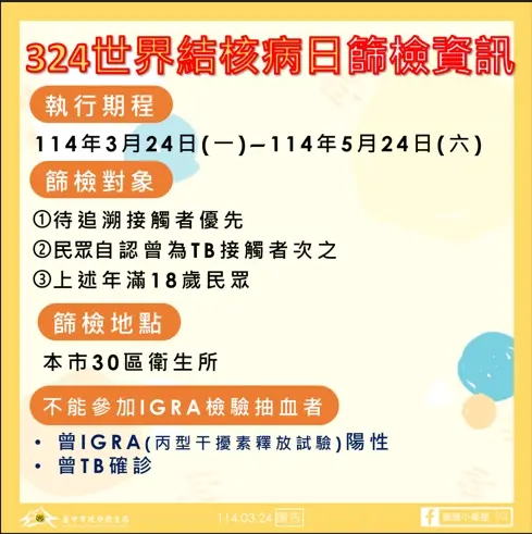 ▲世界結核病日篩檢資訊。（圖／台中市衛生局）