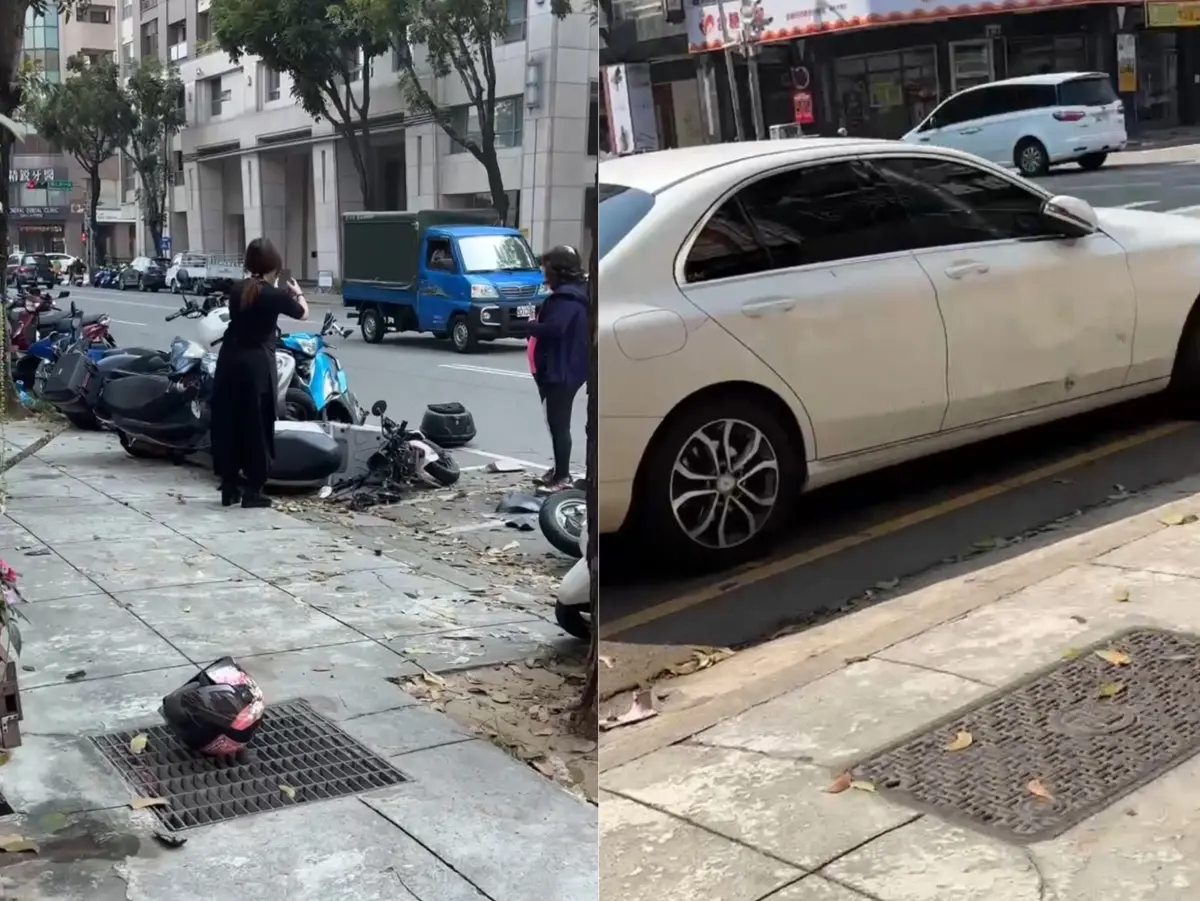 ▲台中女駕駛疑精神不濟，開車刷倒一排路邊停放機車。（圖／記者爆料網）