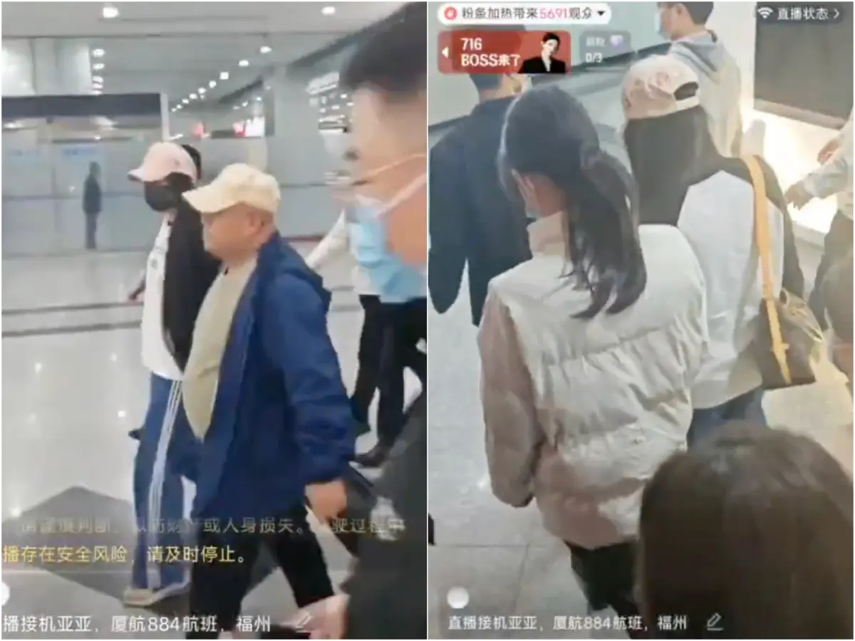 ▲中配網紅「亞亞」（戴粉紅鴨舌帽、黑口罩長髮女子）在飛抵福州長樂機場後，入境時便遭到一群戴著口罩的神秘男子帶走。（圖／翻攝自「李老師不是你老師」X）