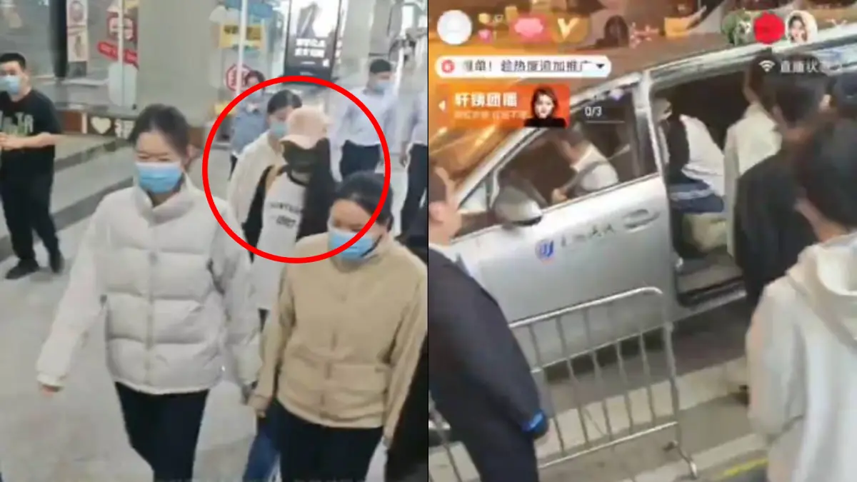 ▲亞亞落地中國後，被不知名神秘人團團包圍帶走。（圖／翻攝自X影片）