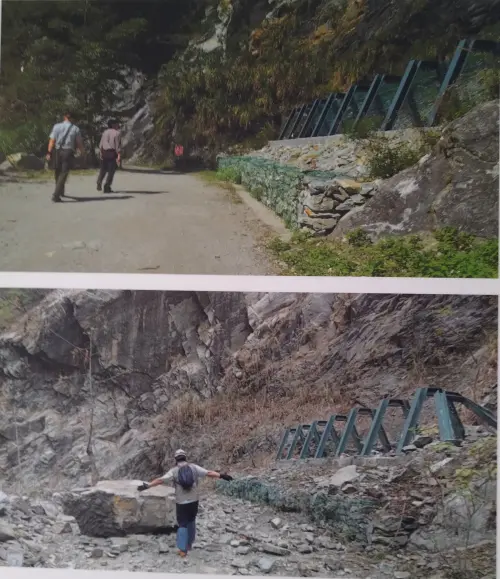 ▲上圖為白楊步道地震前影像，下圖為地震後邊坡擋土牆遭震毀，路面遍布碎石的情形。（圖／太管處提供）