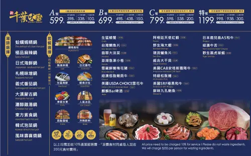 ▲「新千葉火鍋」主打每人599元+10%起就享有火鍋吃到飽，即日起新推出C餐選項，每人799元+10%吃到飽選項，此為完整菜單。（圖／千葉火鍋提供）