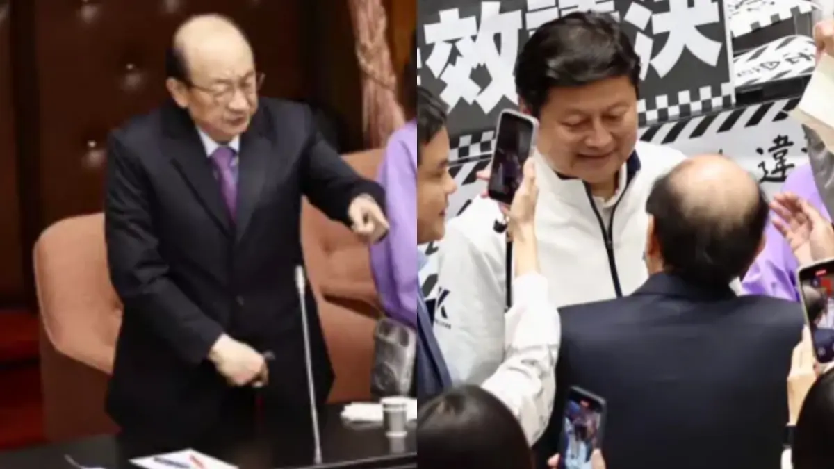 ▲柯建銘（左圖）在議場內找傅崐萁（右圖）釘孤支。（組圖／記者李政龍攝）