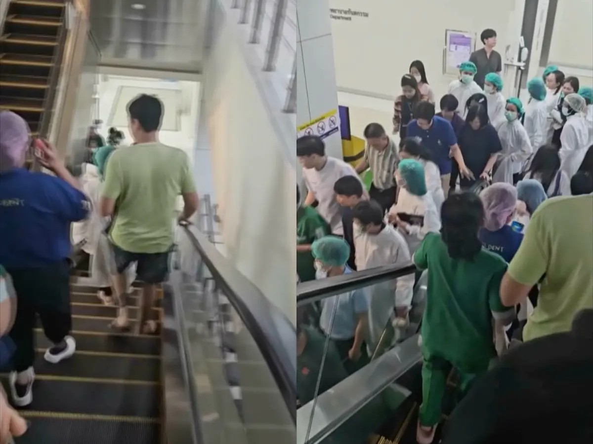 ▲緬甸28日下午發生規模7.7強震，震源深度僅10公里，多間外媒報導稱，鄰近的泰國都感受強烈，有醫院民眾驚慌逃生。（圖／擷取自美聯社影片）