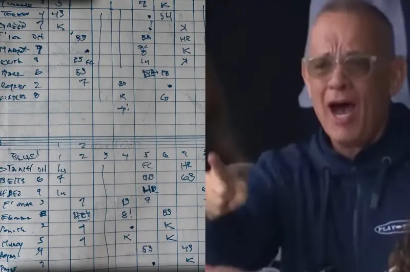 ▲美國知名演員湯姆漢克（Tom Hanks）於29在個人社群網站Instagram上，公開了他在現場觀戰美國職業棒球大聯盟洛杉磯道奇與底特律老虎主場開幕戰時所手寫的比賽紀錄。（圖／翻攝自YouTube，棒球紀錄取自湯姆漢克IG）