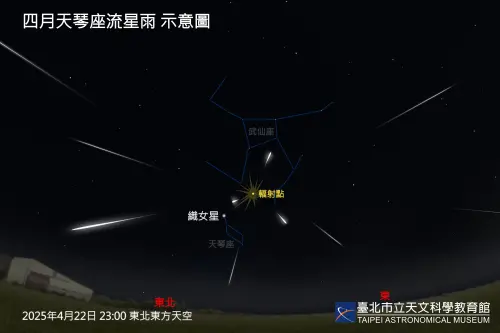 2025年天琴座流星雨每小時天頂流星數量(ZHR)18,選擇無光害且視野遼闊處,躺下後輕鬆掃瞄全天空,都有機會看到不少流星。(圖/台北市立天文館提供) ▲2025年天琴座流星雨每小時天頂流星數量(ZHR)18,選擇無光害且視野遼闊處,躺下後輕鬆掃瞄全天空,都有機會看到不少流星。(圖/台北市立天文館提供)