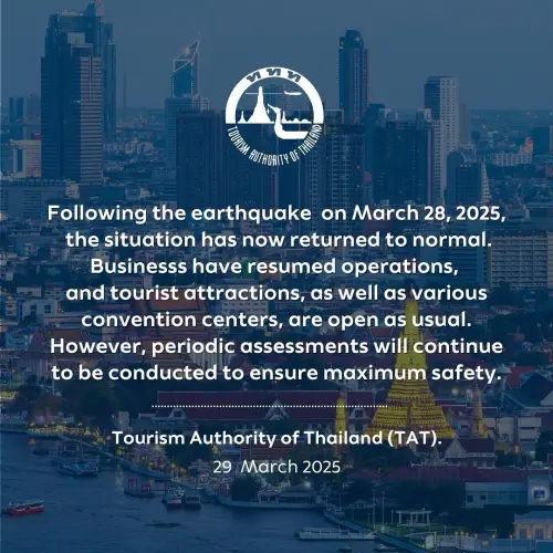 今(29)日中午泰國觀光局宣布:「2025年3月28日泰國發生地震後,目前目前生活已進入正常狀態。」(圖/取自泰國觀光局台北辦事處) ▲今(29)日中午泰國觀光局宣布:「2025年3月28日泰國發生地震後,目前目前生活已進入正常狀態。」(圖/取自泰國觀光局台北辦事處)