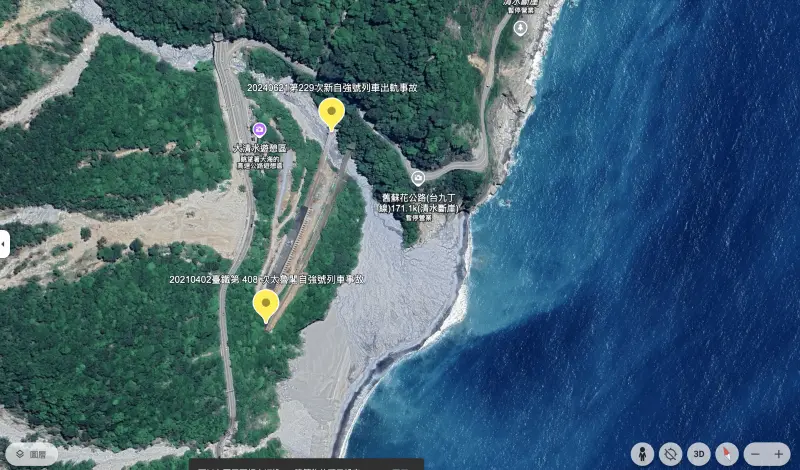 台鐵北迴線和仁至崇德間路段,過去發生2起重大鐵道事故。(圖/翻攝自Google Earth)