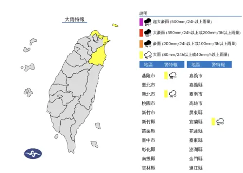 中央氣象署今(30)日發布「大雨特報」,提醒基隆北海岸及宜蘭有局部大雨發生的機率。(圖/中央氣象署) ▲中央氣象署今(30)日發布「大雨特報」,提醒基隆北海岸及宜蘭有局部大雨發生的機率。(圖/中央氣象署)