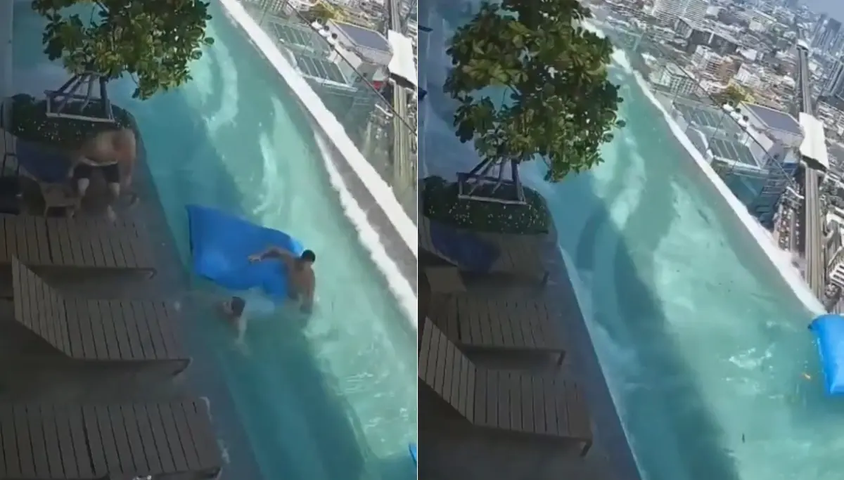 ▲緬甸周五發生規模7.7強震，泰國高樓層感受到劇烈搖晃，無邊際泳池池水傾瀉而下，遊客差點也被晃動水池拋下樓。（圖／翻攝自Ｘ）