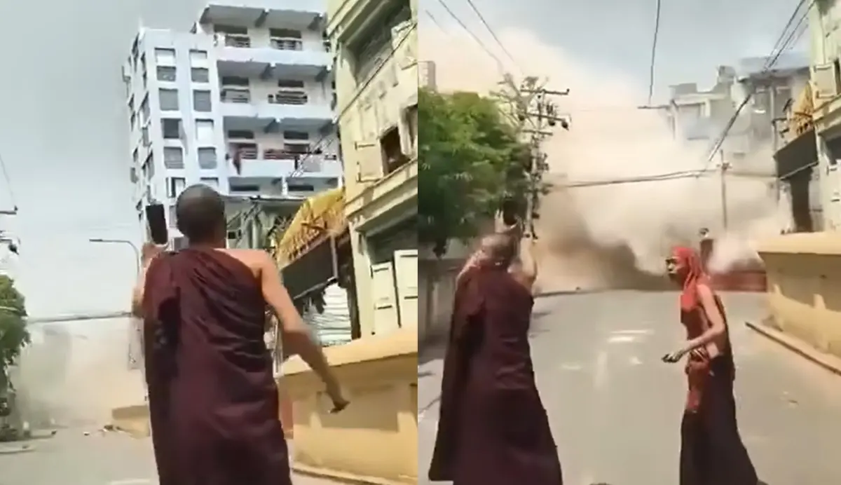▲緬甸強震當下，曼德勒市（Mandalay）災情不斷，建築物10秒鐘瞬間倒塌，現場僧侶拔腿狂奔。（圖／翻攝自@Khaosod臉書）