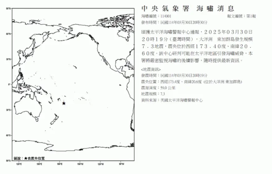▲中央氣象署晚間發布海嘯訊息，稍早接獲太平洋海嘯警報中心通報，2025年03月30日晚間8時19分（台灣時間），大洋洲東加群島發生規模7.3地震。（圖／中央氣象署）