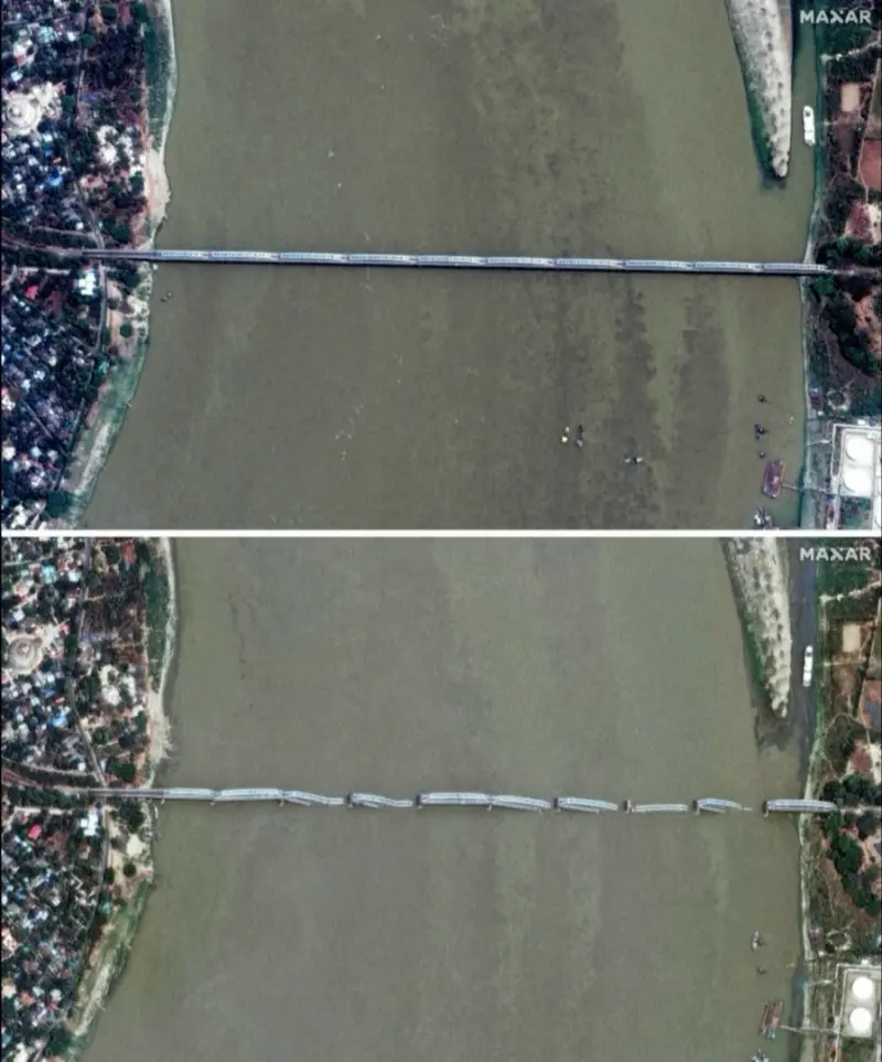 ▲因瓦大橋(Inwa Bridge)在地震中嚴重受損,部分橋樑結構已崩塌並沉入江中。(圖/美聯社)