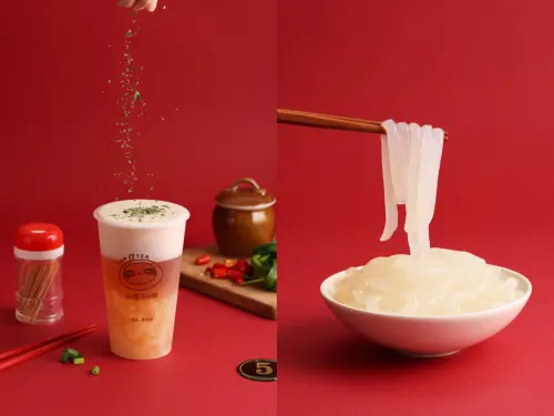 ▲再睡5分鐘「牛肉麵奶蓋」M 70元；10公分手工煮製粉條 5元/份。（圖／再睡5分鐘提供）