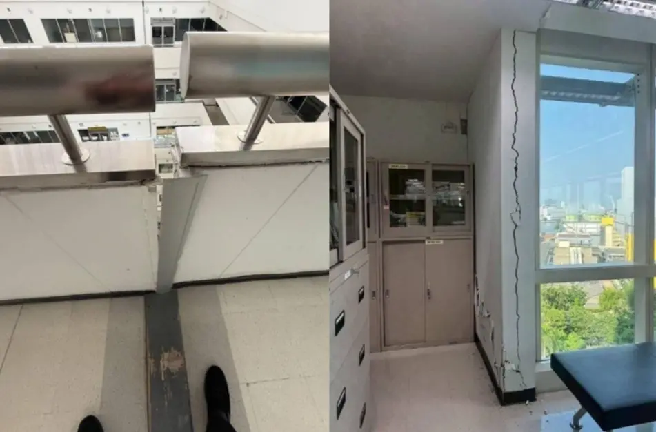 ▲泰國曼谷政府大樓31日早上傳出多起裂痕通報，緊急疏散公務人員。（圖／@KhaosodEnglishＸ）