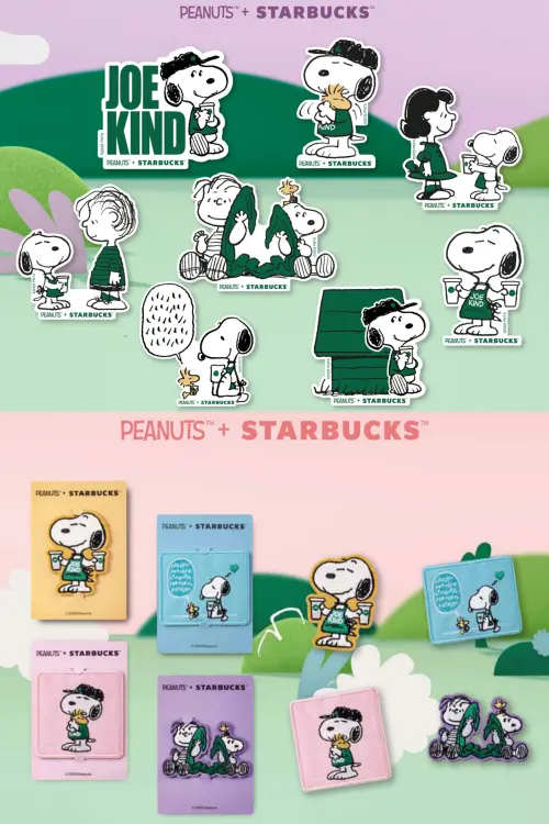 ▲PEANUTS + STARBUCKS超萌貼紙、布章快收集。（圖／星巴克提供）