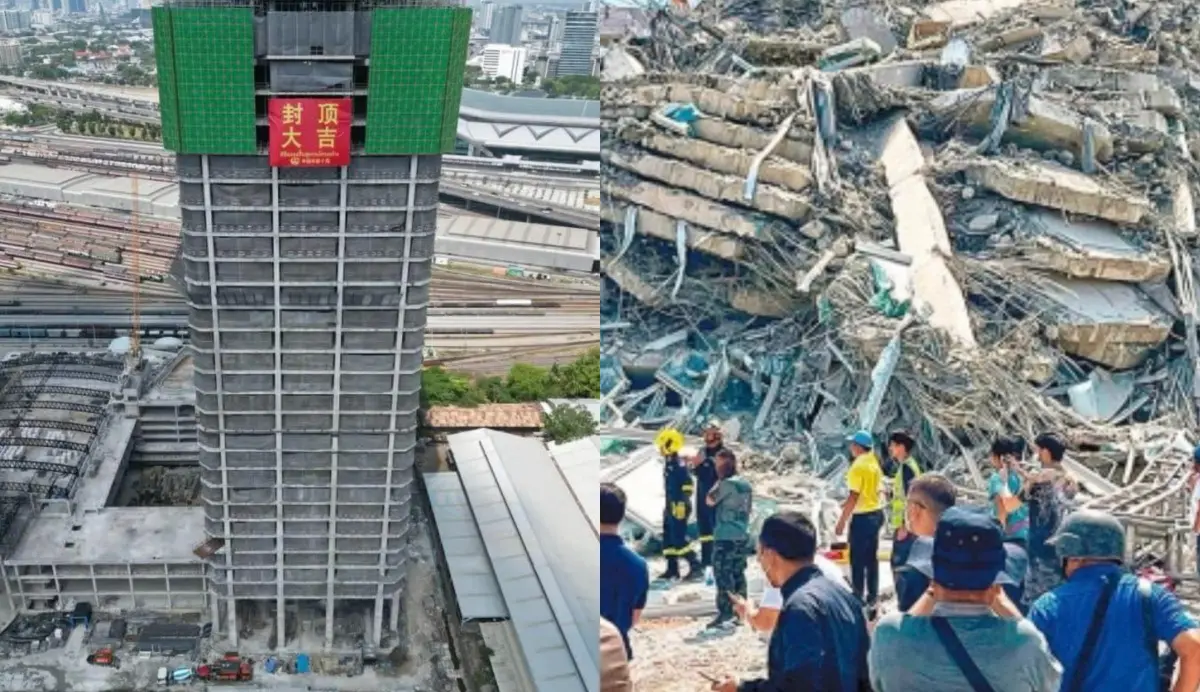 ▲緬甸地震讓千里之外中資審計大樓倒塌，泰國政府調查後將逮捕三批涉入此事的建築師。（圖／路透／達志影像）