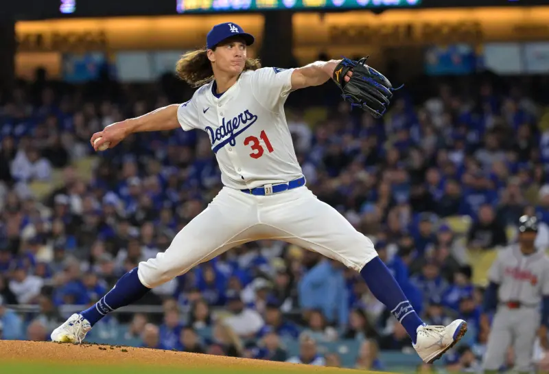 ▲洛杉磯道奇強投Tyler Glasnow主投5局僅被敲出2支安打無失分，送出8次三振，加上打線火力發揮，終場道奇擊敗勇士，豪取開季6連勝。（圖／路透／達志影像）