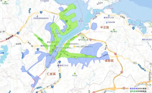 ▲4/1基隆市停水影響範圍，藍色區塊為停水範圍 、綠色區塊為降壓範圍 。（圖／自來水公司）